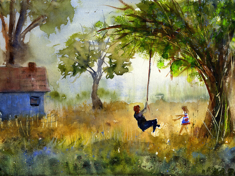 Two Children playing and swinging from a rope swing having fun in summer