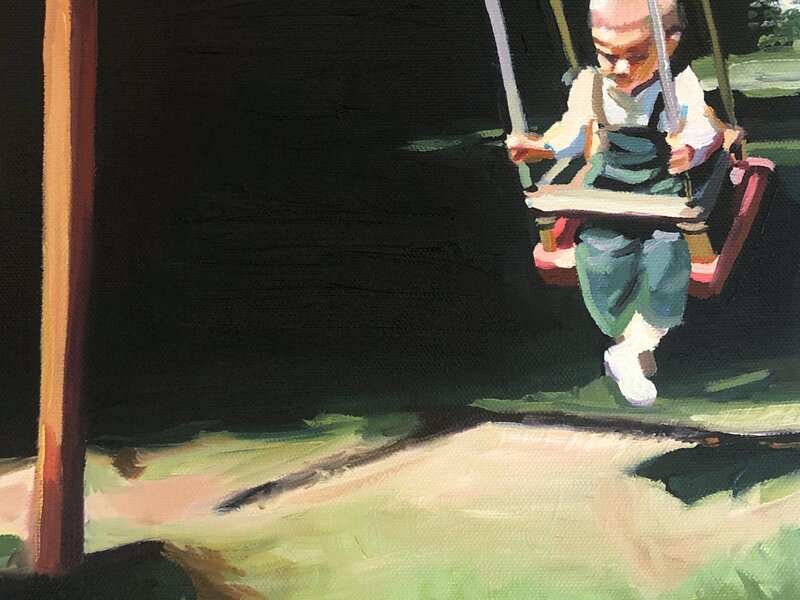 A two year old boy on a swing. He's all the way swung back. The background is black and dark green, and he's wearing green overalls. It is a brushy, vintage-y vibe. 