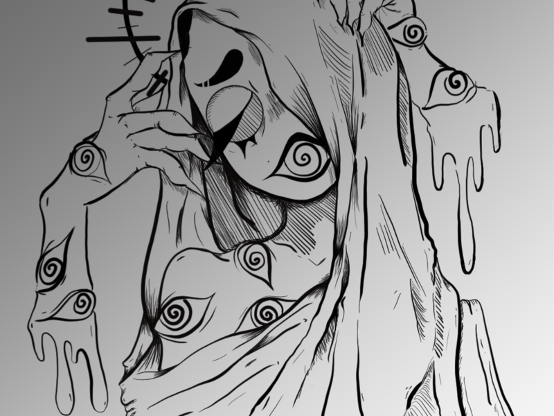 B&W digital illustration of a mythical, haloed maiden connected to the Greek Fates. Line art and etching on a background with a diagonal gray-scale gradient.