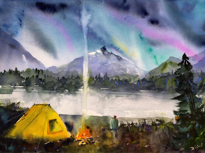 Northern Lights over Norway in Fall a campfire and stare at the amazing colors