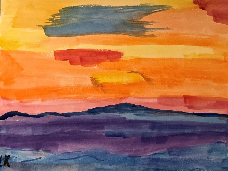 Watercolor painting of the sun setting over the lake in Winthrop