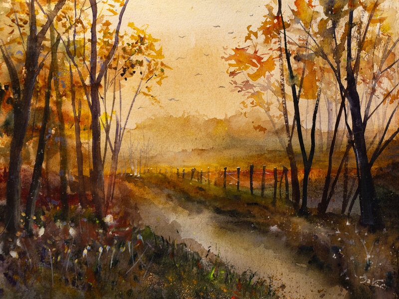 Fall trees an Autumn Watercolor walking through the woods in late fall
