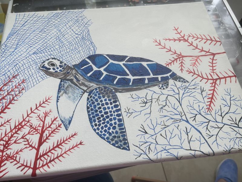 Turtle in his natural environment on canvas