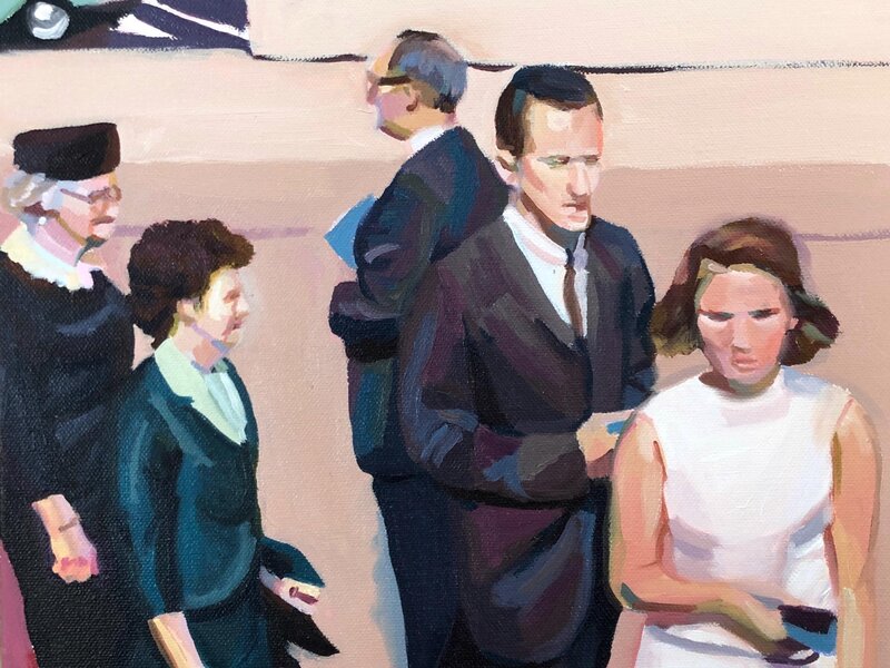 A crowd of anonymous mid century dressed people from a wedding gathering, walking every which way. 