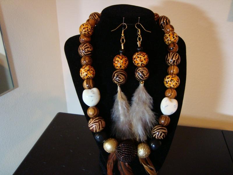 Wood, Ceramic and Feather Jewelry Set