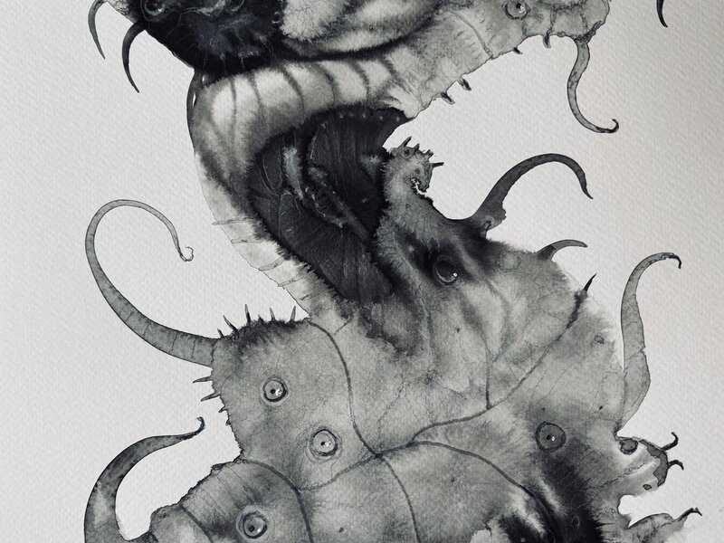 Abstract painting in India ink washes and colored pencils, September 13, 2026.