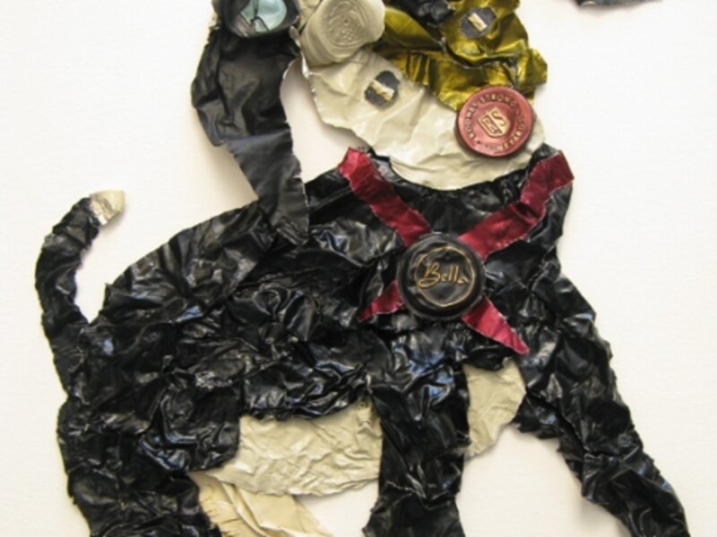 sculpture of a dog created exclusively from wine capsules