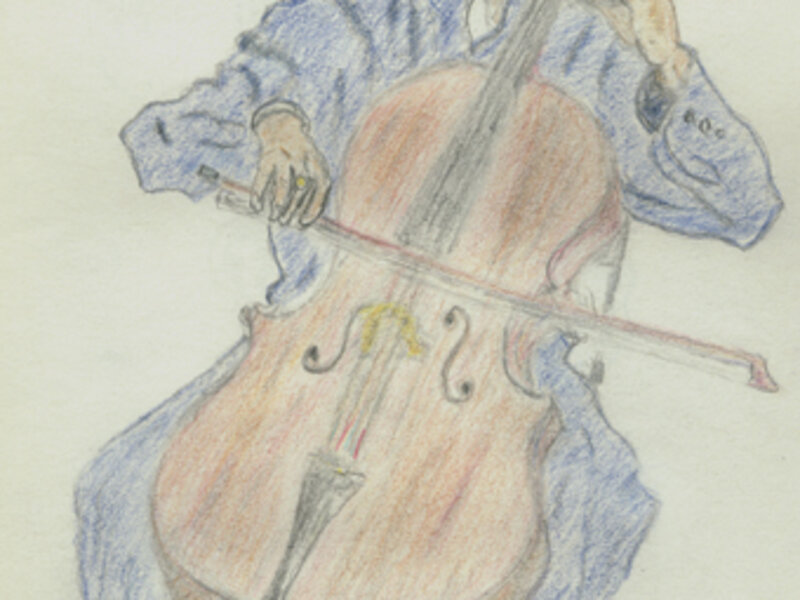 Colored pencil sketch on paper of a cellist