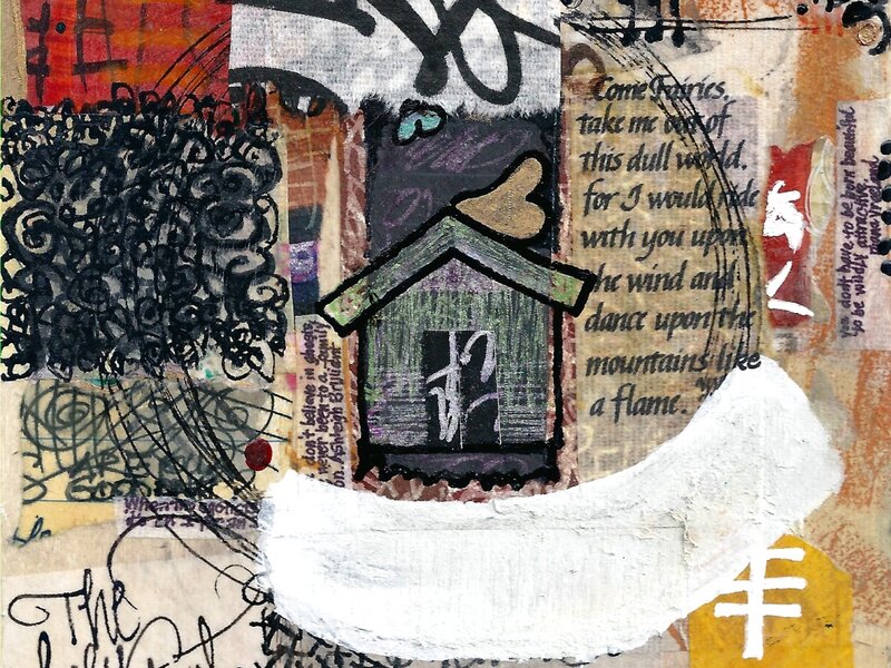 Collage, mixed media mounted on 5"X5" wood panel