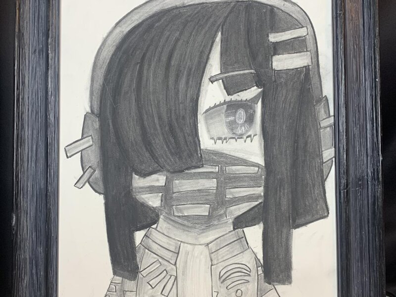 Pencil on paper drawing of a girl wearing a mask
