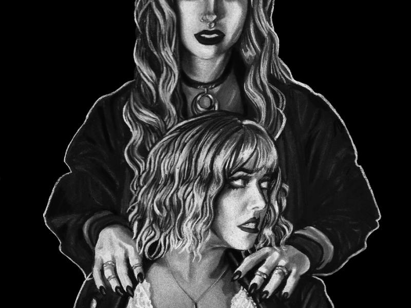 Black and white charcoal drawing of two girls, one standing behind the other. The girl in the front has shoulder length wavy hair and leather jacket. The girl in the back has her hands resting on the girl in the front and has long curly hair. Both girls have a goth/alternative fashion and attitude to them. 