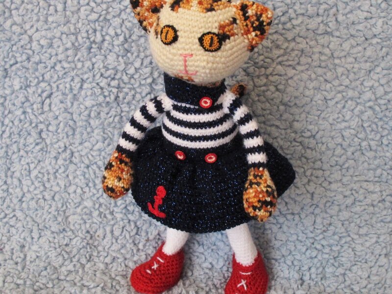 Poppy, calico cat in a sailor outfit; crochet doll on wire carcass with movable arms, legs and tail