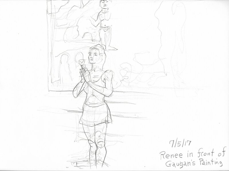 Joe Carrigg's drawing of Renee in Front of Gauguin's Painting