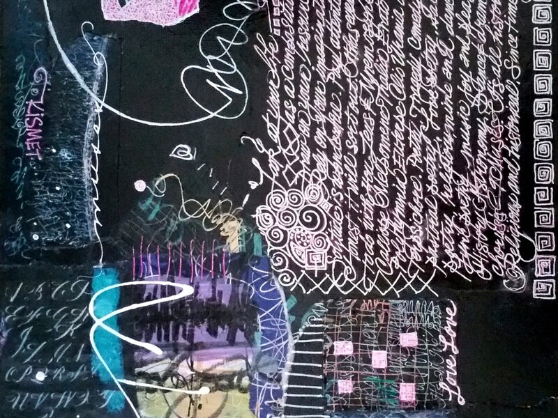 Collage, mixed media mounted on 12"X12" wood panel, abstra