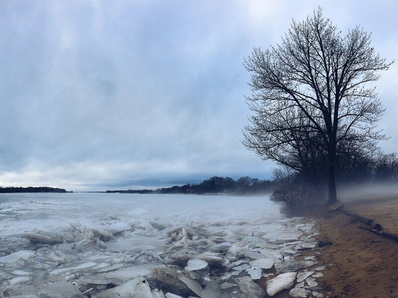 mist, ice, water, trees, cold, chill, water, river, bench, beach,