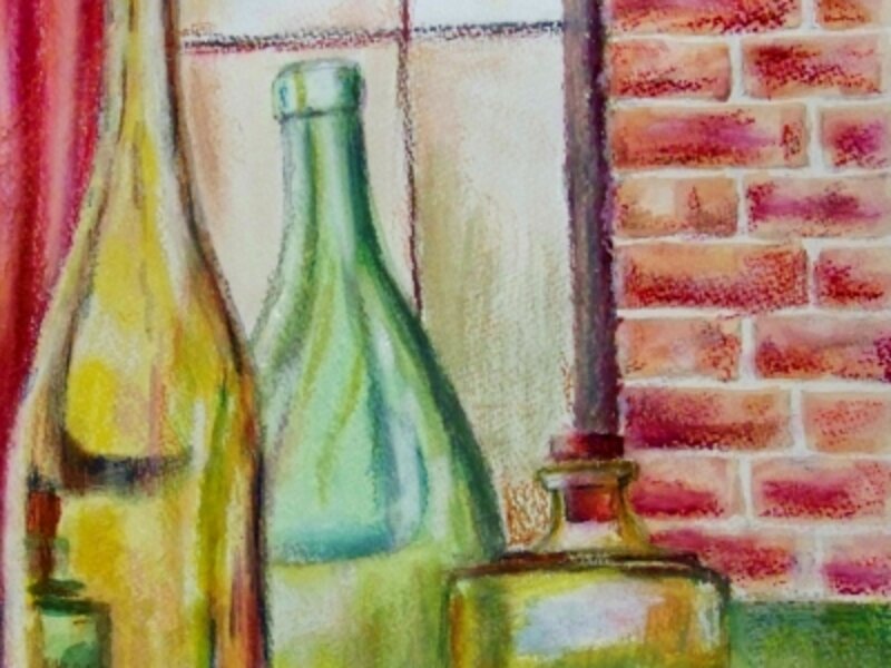 Bottles in a view of window.