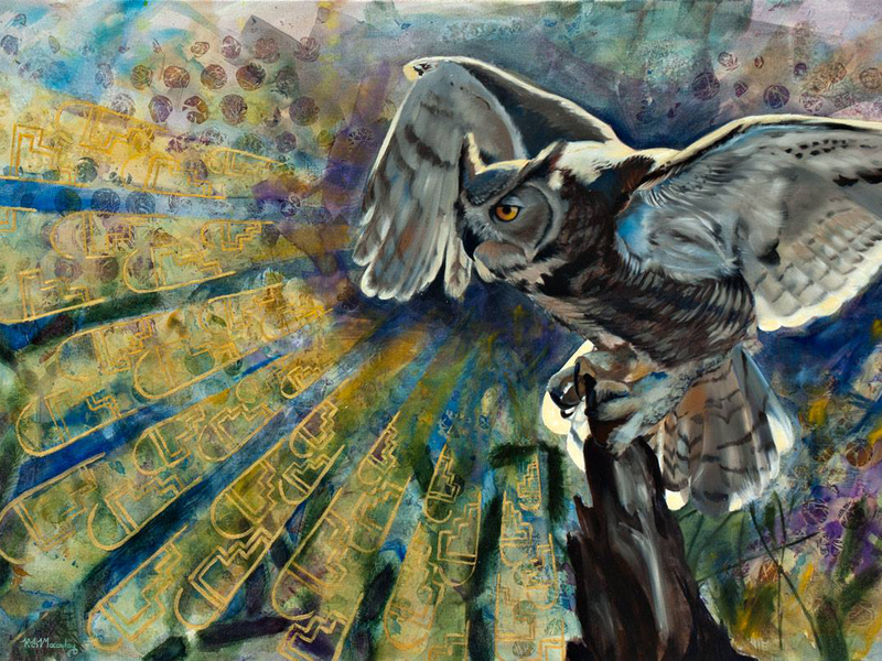 Painitng in acrylic and oil depicting an owl perched with wings spread