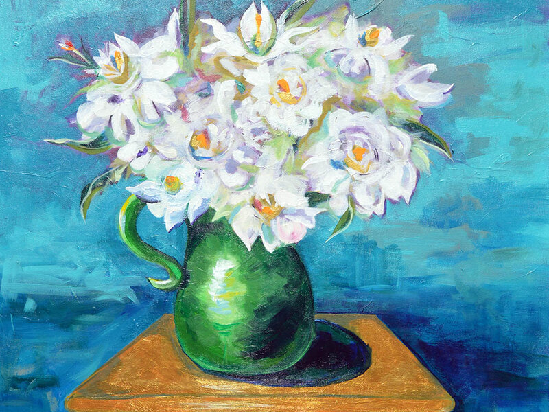 Painting of a green pitcher filled with White Peony