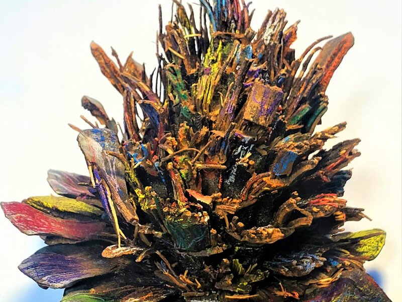 Pine Cone remanant, painted with inktense pencils and acrylic