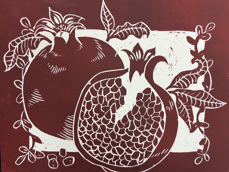 Pomegranate Linoleum Block Print