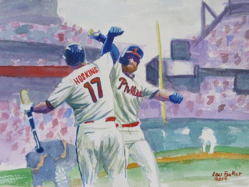 Rhys Hoskins Bryce HArper High Five Art Print Philadelphia Phillies Lou Baker Artist