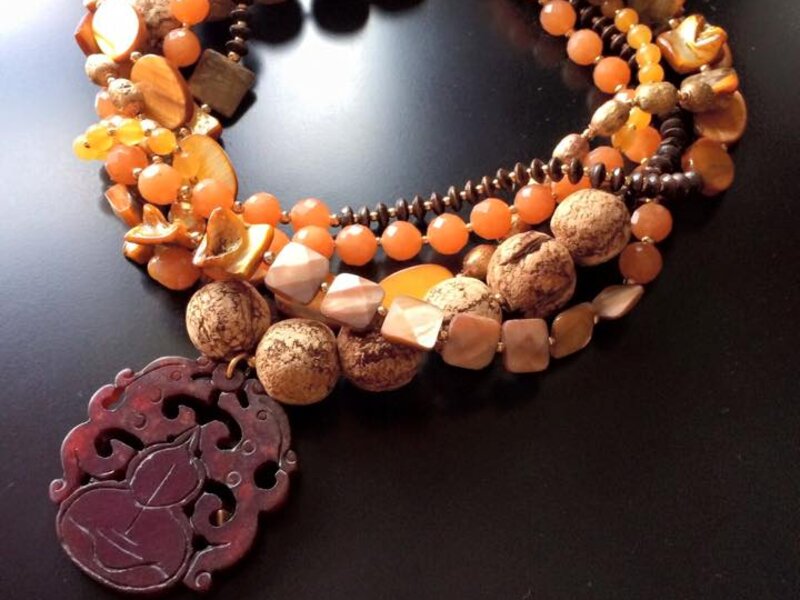 ROX Jade Pendant Necklace with Mahogany See, Mother of Pearl, Abalone, Honey Jade, Red Adventurine, Wood and Ethiopian Brass