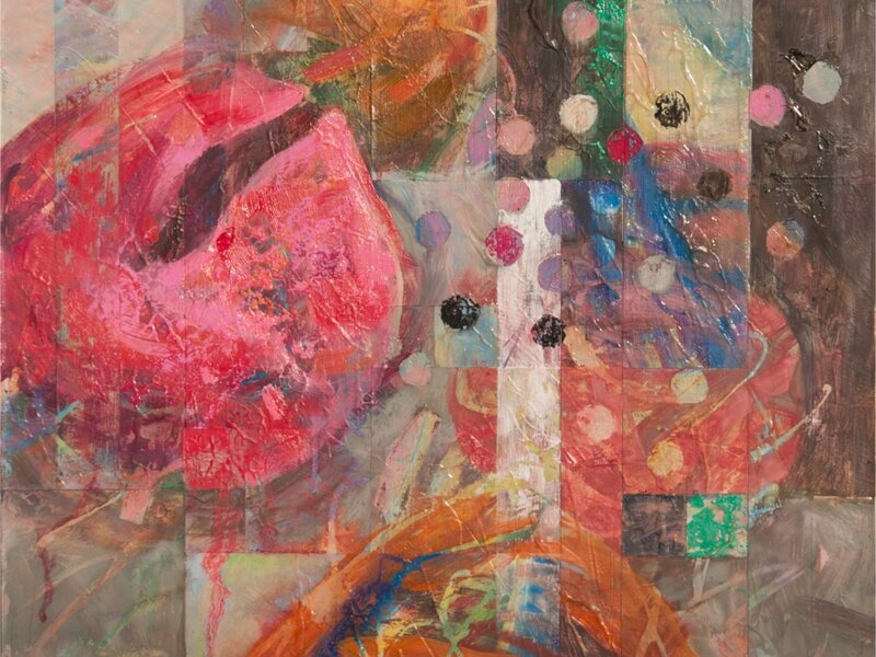 Oil On Wood Panel, Abstract On Wood Panel, 14 X 17 Abstract, Red Pink Black White Gray Art, Pink Red And Gray Abstract, Abstract Collage Artwork, Red Pink Gray Collage Art, Oil And Cold Wax Abstract, 14 X 17 Oil And Cold Wax Art, 14 X 17 Collage, Oil Pastel Collage
