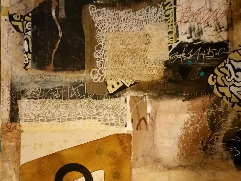 Collage, mixed media mounted on 12"X12" wood panel, abstra