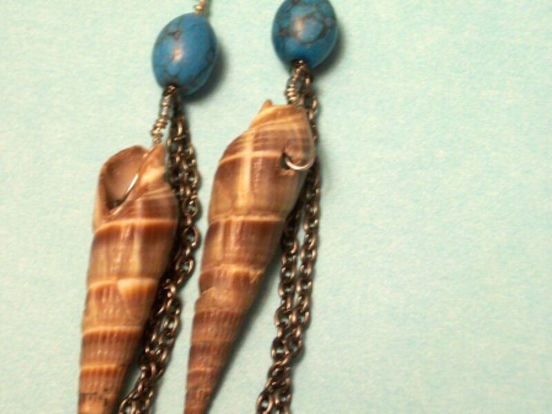 Shell earrings with gunmetal chains and turquoise beads