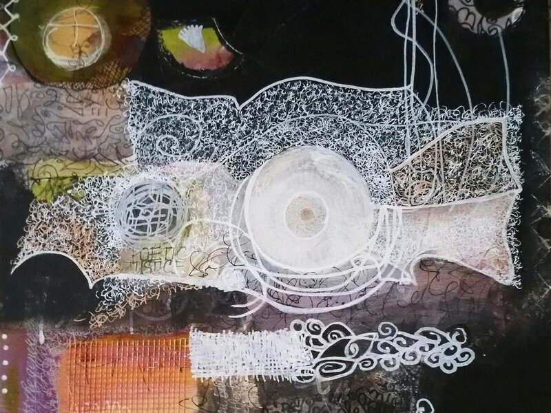 Collage, mixed media mounted on 12"X12" wood panel, abstra