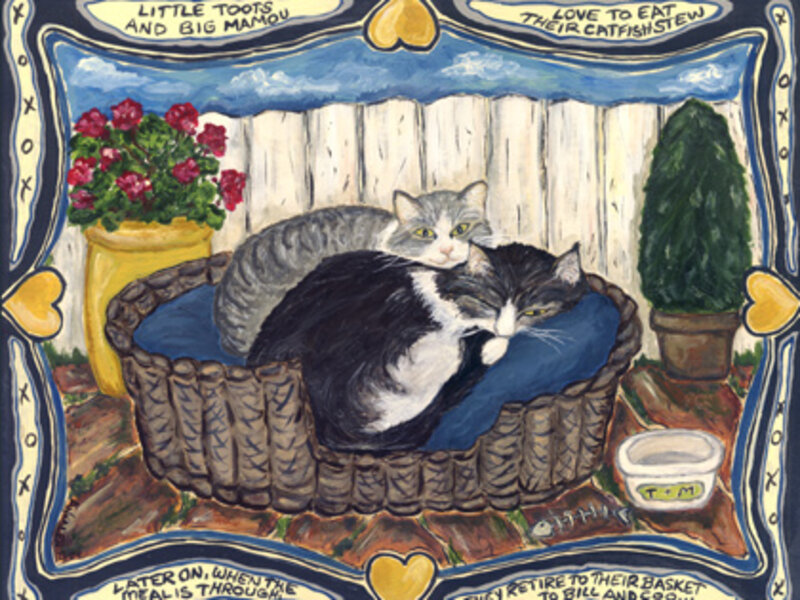 Acrylic on board of two cats in a basket