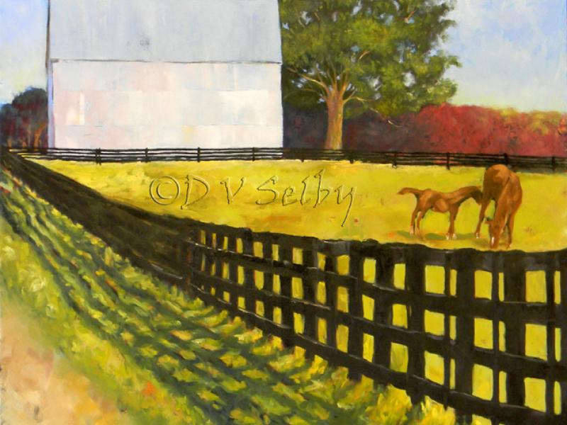 Oil Painting by De Selby of Kentucky road with barn, fence, and horses from www.dselby.com