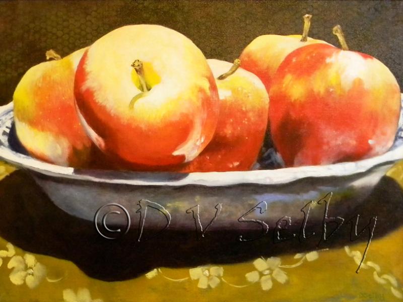 Oil Painting by De Selby of still life with apples in china bowl, www.dselby.com