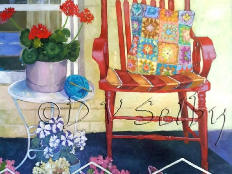 Oil Painting by De Selby of Red Chair for porch sitting on a summer day, from www.dselby.com 
