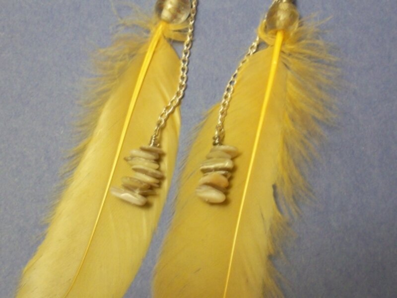 Yellow feathere earrings with mother of pearl chips