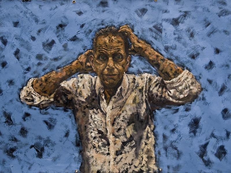 painting of a man stressed out on a blue background