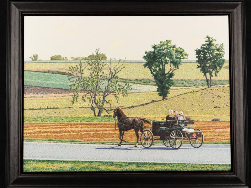 painting of a horse and buggy traveling through the countryside