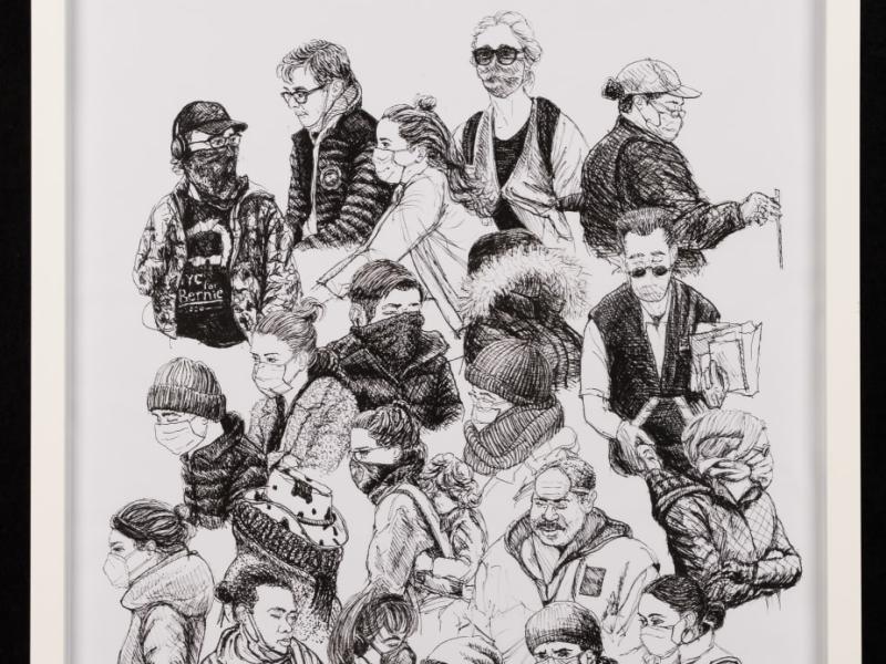 detailed drawing of many people grouped together done in pencili