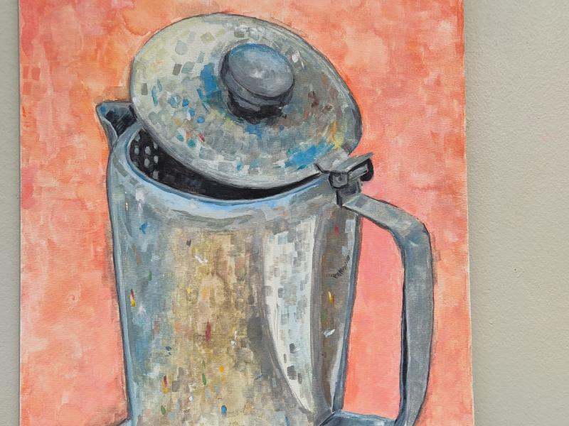 painting of a sliver kettle on an orange and backdrop