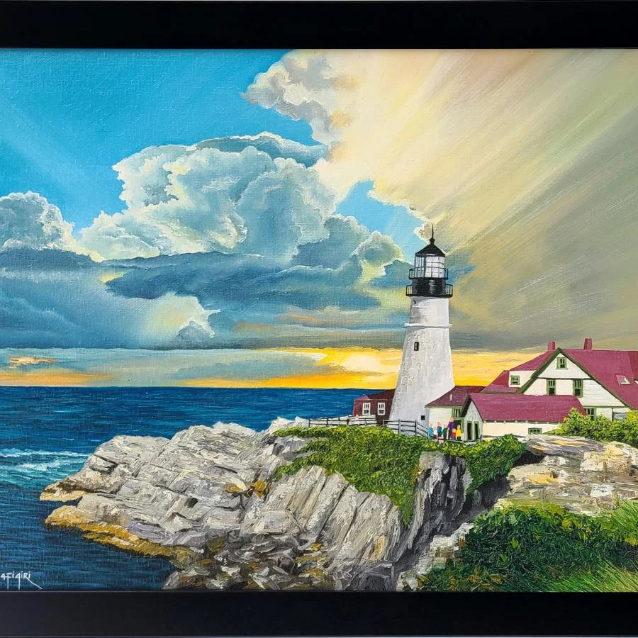 Keeper of the Coast, oil on canvas, 16x1x20 . The magnificent portland light house along Maine coast with a beautiful view towards the ocean with a dramatic sunrise through the clouds.
