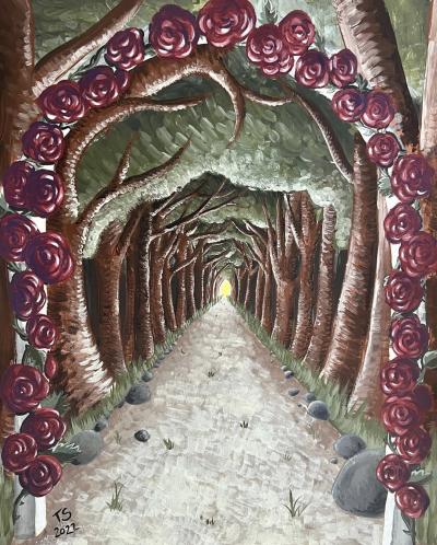 A painting of a path under an arc