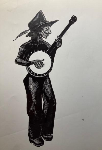 "A Banjo & His Boy" Scratchboard painting in India ink, 2020.