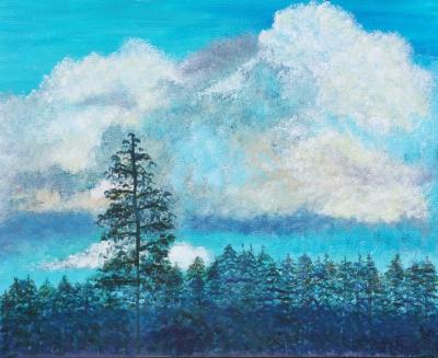 painting by Dawn Cooper, Moonscribe, landscape, California, blue, clouds, sky, trees, pine