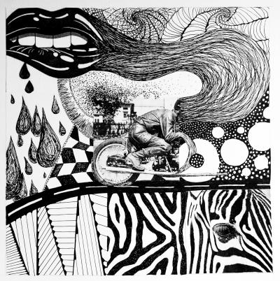 Abstract ink drawing of a man on a motorcycle in the center, a road running across the middle, a zebra’s face blending into a zebra pattern on the bottom right, a triangle striped pattern on the bottom left, teardrops dropping from a biting lip in the top left corner, and instead of a head, the motorcycle man looks like his head is a tornado that blends into the biting lip in the top left corner. 