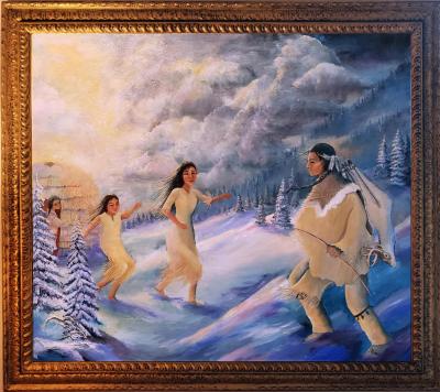 The Father has survived the Mountain Storm and his wife and children run to meet him at sunrise