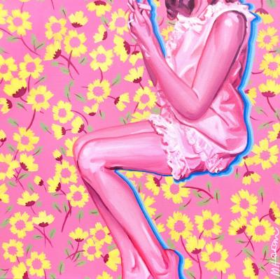 A mid century woman from the shoulders down, sitting. But she's not sitting on anything, it's just a seated pose. She's pink monochromatic, holding a cigarette. The background is pink with yellow flowers. 