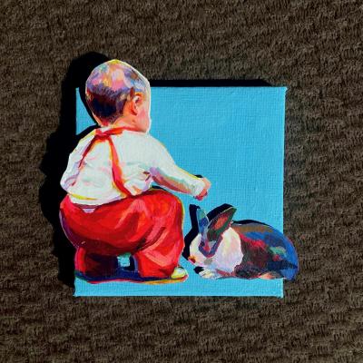 A little boy in red overalls going to pet a bunny. His back is towards us. The figure and bunny are on a separate surface than the canvas and are hanging over the edges. 