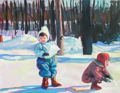 Two mid century children playing in the snow. The girl is holding a big snow chunk while the boy in a red snow suit bends down to pick up more snow. There are trees in the background. 