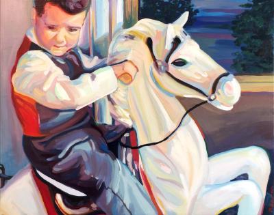 A brushy, dreamy oil painting of a little boy in the 1960s riding a white rocking horse. 