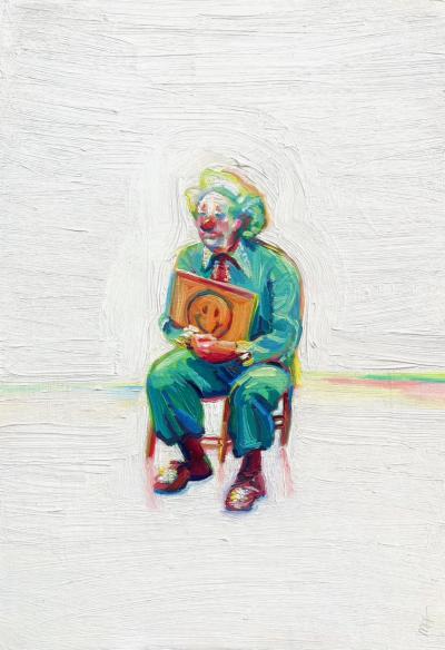 A chunky oil painting of a sad clown dressed in teal. He is seated on a little red chair, holding up a sign of a smiley face. But he's clearly sad. 
